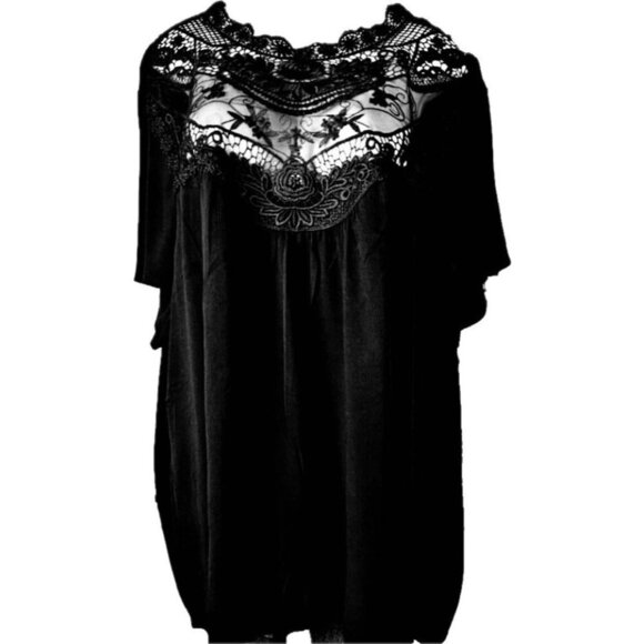 Torrid +6 Black High Neck Sheer Mesh Crochet Keyhole Back Short Sleeve Blouse - Picture 2 of 5